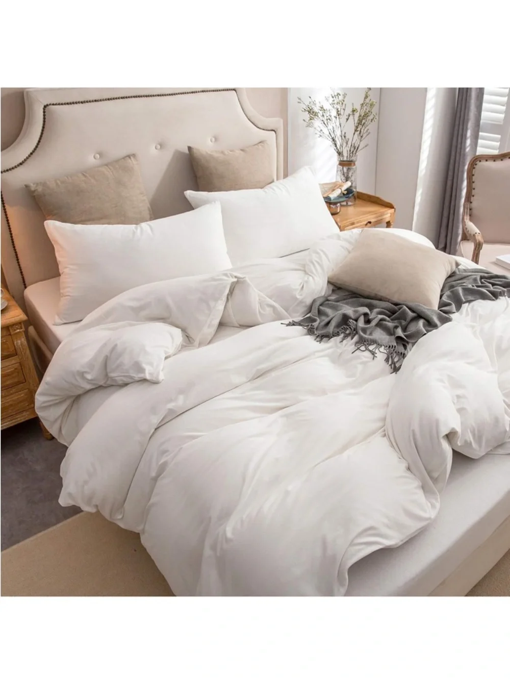 Off-White Jersey Knit 100% Cotton Duvet Cover Set 3 Pc-Full Size